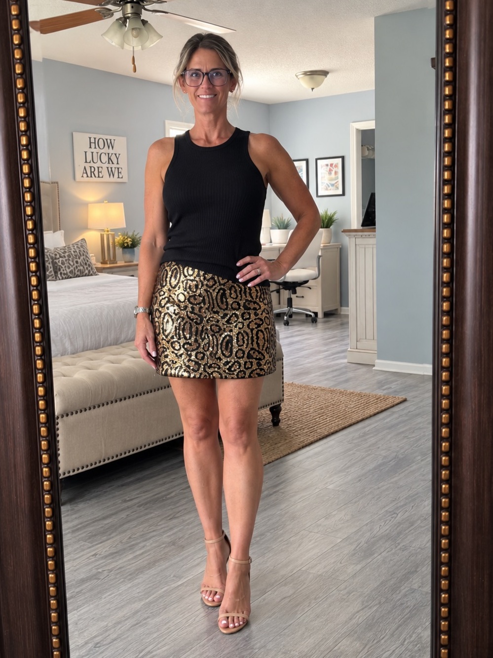 Sequin Leopard Print Mini Skirt - Black & Gold - size small